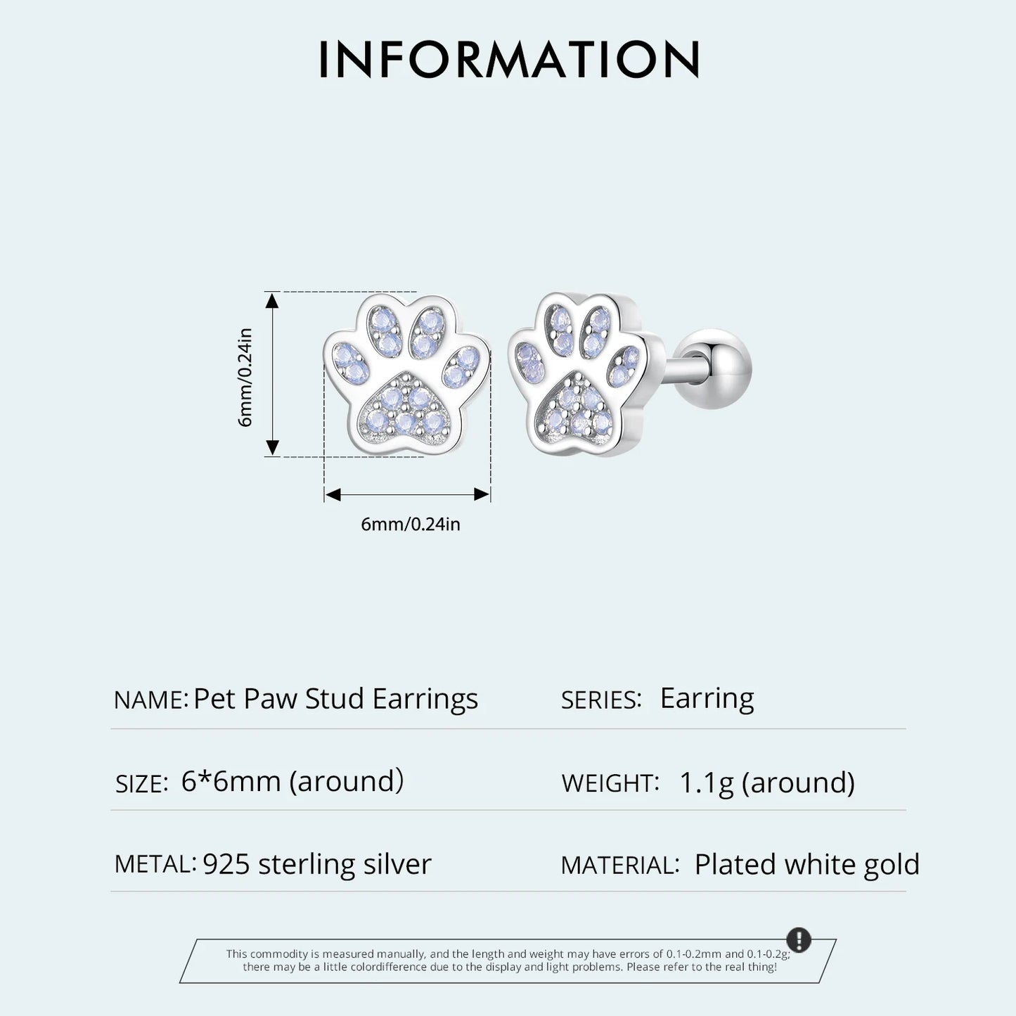 925 Sterling Silver Pet Paw Stud Earrings (Wostu)
